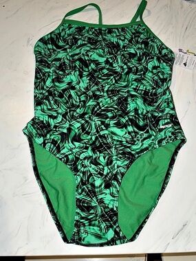 Sporti Cyclone Swirl Crossback One Piece Swimsuit Green & Black Size 40 NWT